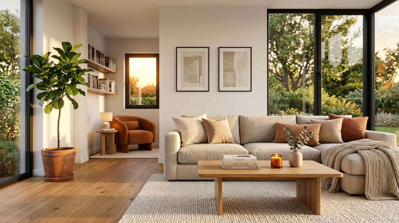 A beautifully maintained modern living room with natural light and elegant furnishings